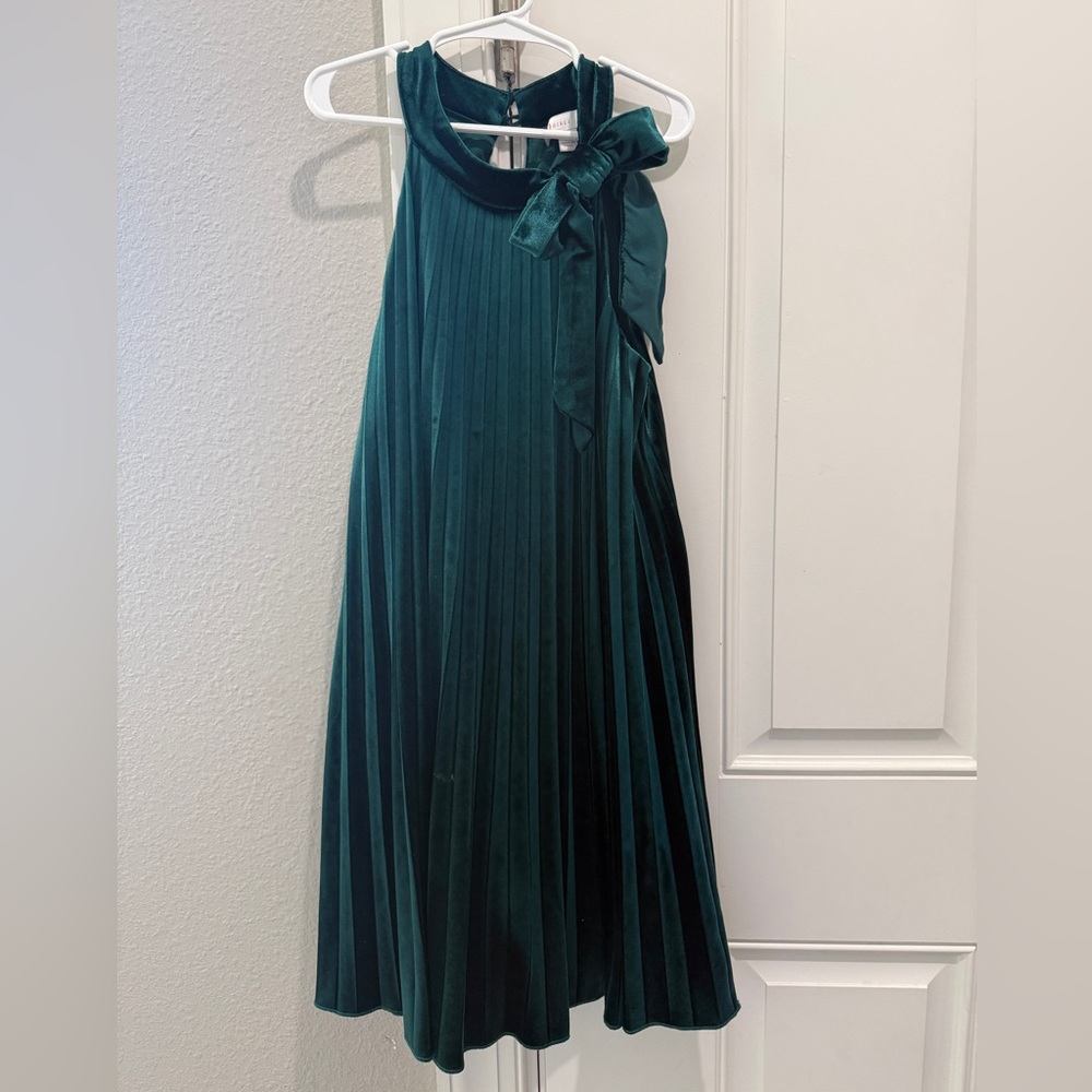 GB Girls Elegant Green Pleated Dress with Bow